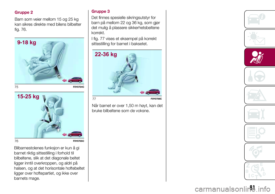 FIAT 500L 2018  Drift- og vedlikeholdshåndbok (in Norwegian) Gruppe 3
I fig. 77 vises et eksempel på korrekt
sittestilling for barnet i baksetet.
75F0Y0704C
76F0Y0705C
77F0Y0706C
81
Gruppe 2
Barn som veier mellom 15 og 25 kg
kan sikres direkte med bilens bilbe
