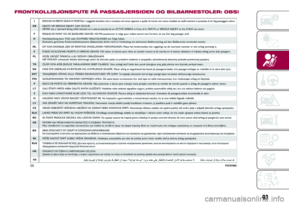 FIAT 500L 2018  Drift- og vedlikeholdshåndbok (in Norwegian) FRONTKOLLISJONSPUTE PÅ PASSASJERSIDEN OG BILBARNESTOLER: OBS!
86F0Y0709C
93 