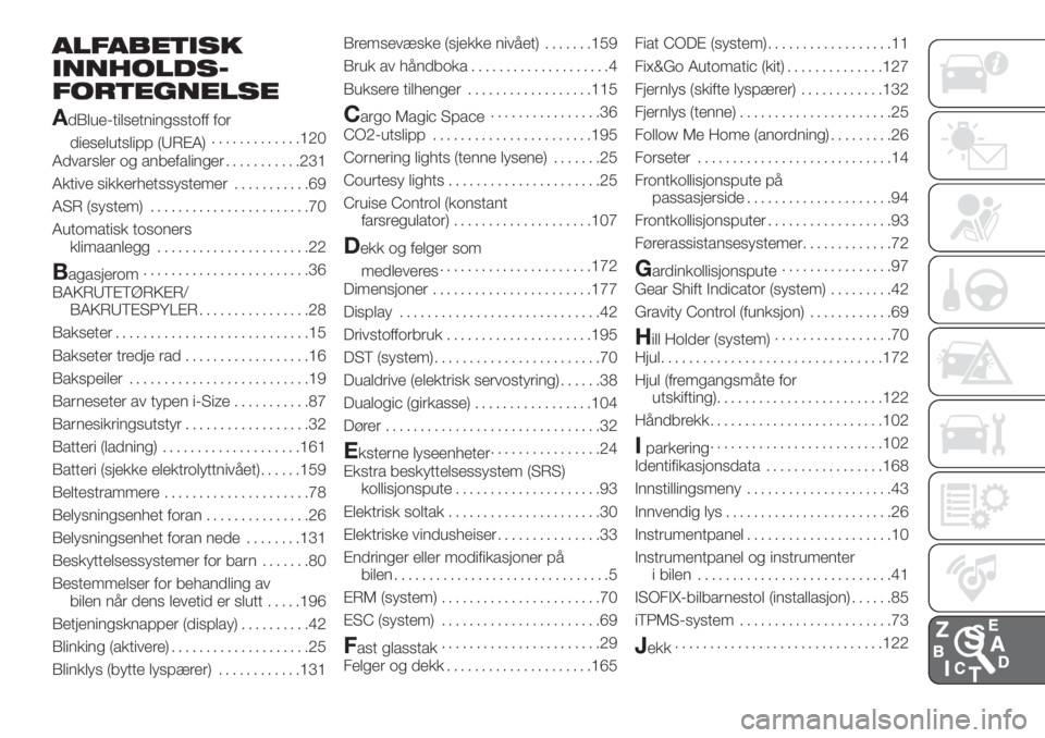 FIAT 500L 2019 Drift- og vedlikeholdshåndbok (in Norwegian) ALFABETISK
INNHOLDS-
FORTEGNELSE
A
dBlue-tilsetningsstoff for
dieselutslipp (UREA).............120
Advarsler og anbefalinger...........231
Aktive sikkerhetssystemer...........69
ASR (system).......... FIAT 500L 2019 Drift- og vedlikeholdshåndbok (in Norwegian) ALFABETISK
INNHOLDS-
FORTEGNELSE
A
dBlue-tilsetningsstoff for
dieselutslipp (UREA).............120
Advarsler og anbefalinger...........231
Aktive sikkerhetssystemer...........69
ASR (system)..........