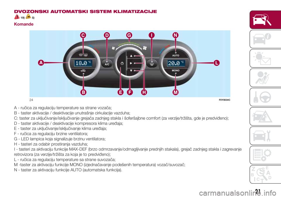 FIAT 500L 2018  Knjižica za upotrebu i održavanje (in Serbian) DVOZONSKI AUTOMATSKI SISTEM KLIMATIZACIJE
19)5)
Komande
A - ručica za regulaciju temperature sa strane vozača;
B - taster aktivacije / deaktivacije unutrašnje cirkulacije vazduha;
C: taster za uklj