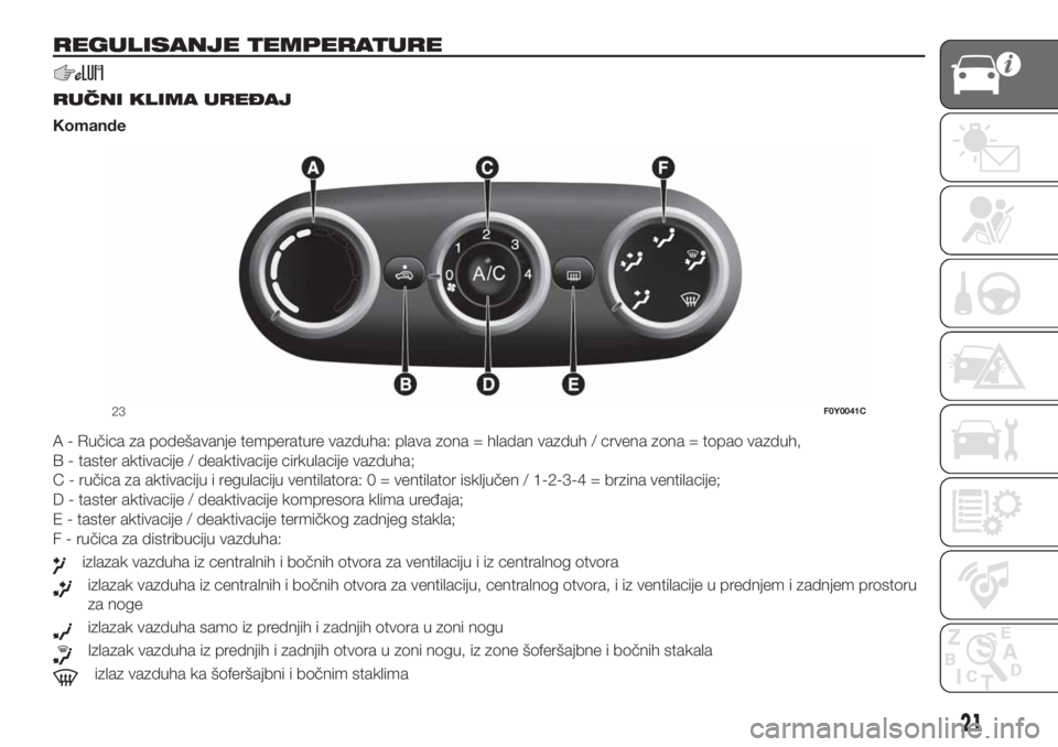 FIAT 500L 2019  Knjižica za upotrebu i održavanje (in Serbian) REGULISANJE TEMPERATURE
.
RUČNI KLIMA UREĐAJ
Komande
A - Ručica za podešavanje temperature vazduha: plava zona = hladan vazduh / crvena zona = topao vazduh,
B - taster aktivacije / deaktivacije ci