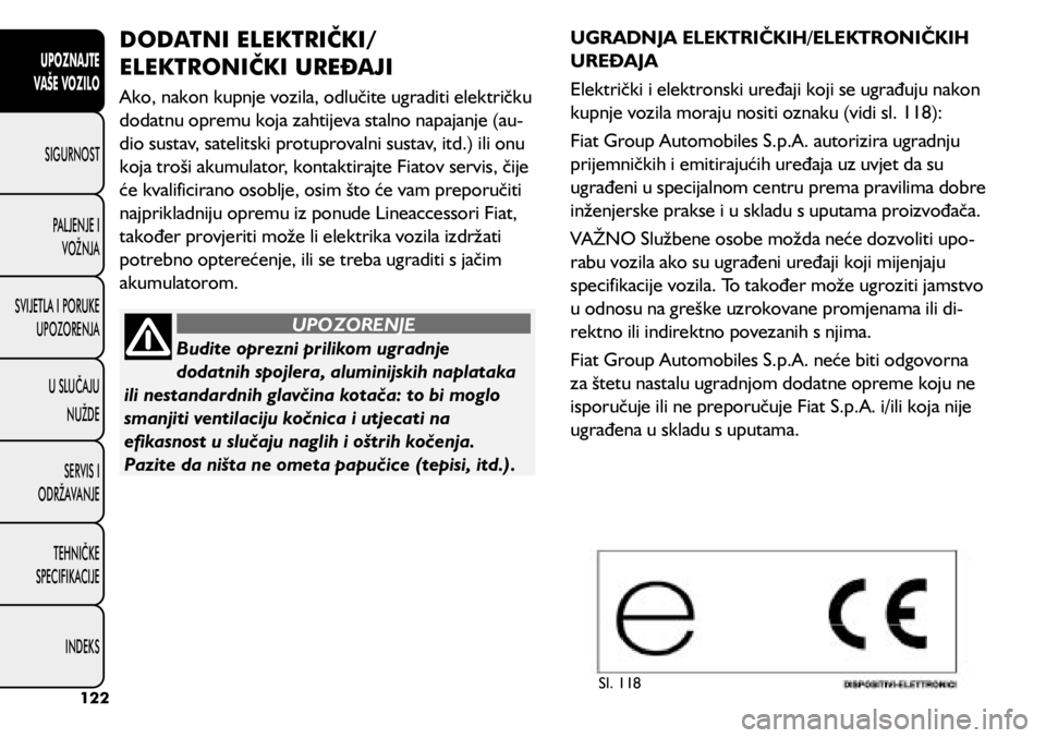 FIAT 500L 2020  Knjižica s uputama za uporabu i održavanje (in Croatian) Budite oprezni prilikom ugradnje 
dodatnih spojlera, aluminijskih naplataka 
ili nestandardnih glavčina kotača: to bi moglo 
smanjiti ventilaciju kočnica i utjecati na 
efikasnost u slučaju naglih
