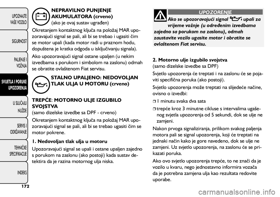 FIAT 500L 2020  Knjižica s uputama za uporabu i održavanje (in Croatian) Ako se upozoravajući signal  upali za 
vrijeme vožnje (u određenim izvedbama 
zajedno sa porukom na zaslonu), odmah 
zaustavite vozilo ugasite motor i obratite se 
ovlaštenom Fiat servisu.
UPOZORE