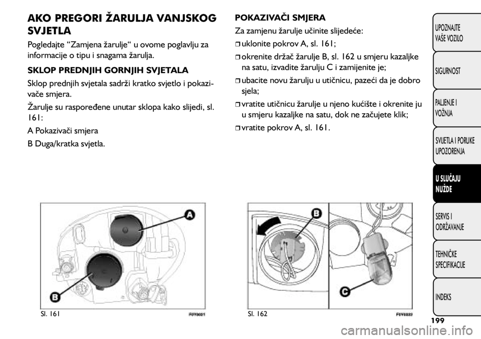 FIAT 500L 2020  Knjižica s uputama za uporabu i održavanje (in Croatian) AKO PREGORI ŽARULJA VANJSKOG 
SVJETLA
Pogledajte “Zamjena žarulje“ u ovome poglavlju za 
informacije o tipu i snagama žarulja.
SKLOP PREDNJIH GORNJIH SVJETALA
Sklop prednjih svjetala sadrži kr