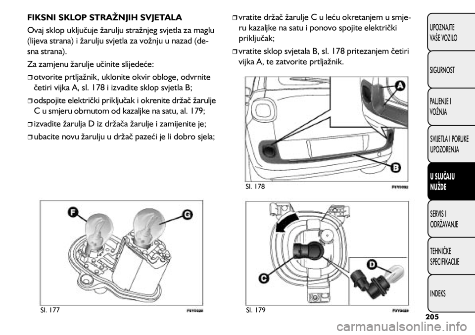 FIAT 500L 2020  Knjižica s uputama za uporabu i održavanje (in Croatian) Sl. 177Sl. 178
Sl. 179
FIKSNI SKLOP STRAŽNJIH SVJETALA
Ovaj sklop uključuje žarulju stražnjeg svjetla za maglu 
(lijeva strana) i žarulju svjetla za vožnju u nazad (de -
sna strana).
Za zamjenu 