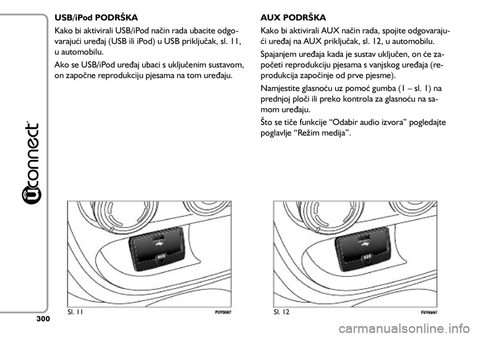 FIAT 500L 2020  Knjižica s uputama za uporabu i održavanje (in Croatian) USB/iPod PODRŠKA
Kako bi aktivirali USB/iPod način rada ubacite odgo-
varajući uređaj (USB ili iPod) u USB priključak, sl. 11, 
u automobilu.
Ako se USB/iPod uređaj ubaci s uključenim sustavom,