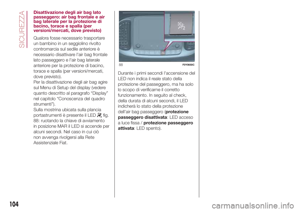 FIAT 500L LIVING 2018 Libretto Uso Manutenzione (in Italian) Disattivazione degli air bag lato
passeggero: air bag frontale e air
bag laterale per la protezione di
bacino, torace e spalla (per
versioni/mercati, dove previsto)
Qualora fosse necessario trasportar FIAT 500L LIVING 2018 Libretto Uso Manutenzione (in Italian) Disattivazione degli air bag lato
passeggero: air bag frontale e air
bag laterale per la protezione di
bacino, torace e spalla (per
versioni/mercati, dove previsto)
Qualora fosse necessario trasportar