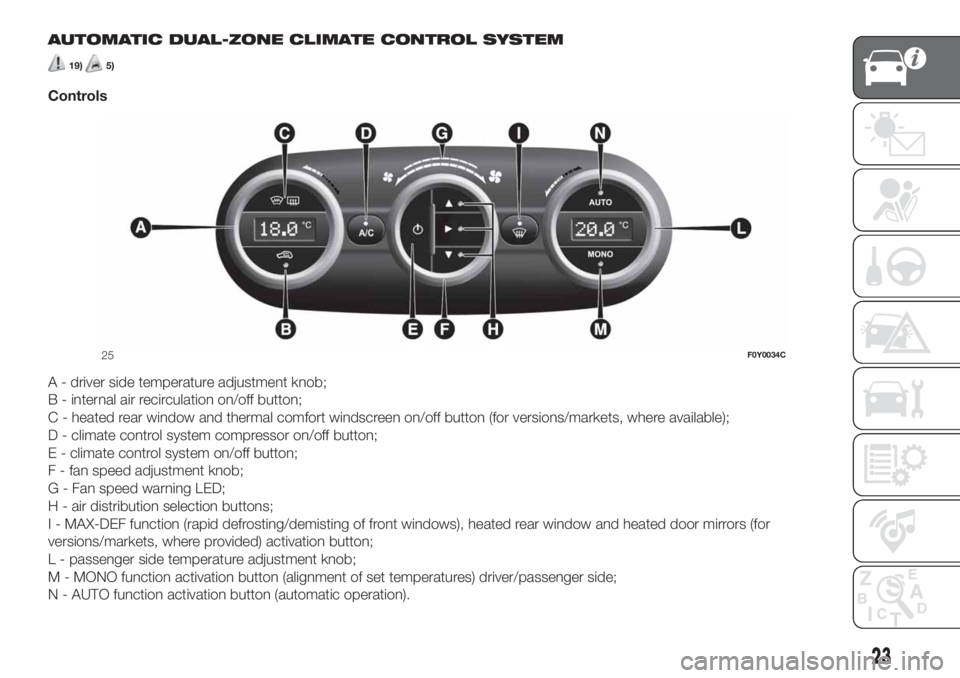 FIAT 500L LIVING 2019  Owner handbook (in English) AUTOMATIC DUAL-ZONE CLIMATE CONTROL SYSTEM
19)5)
Controls
A - driver side temperature adjustment knob;
B - internal air recirculation on/off button;
C - heated rear window and thermal comfort windscre