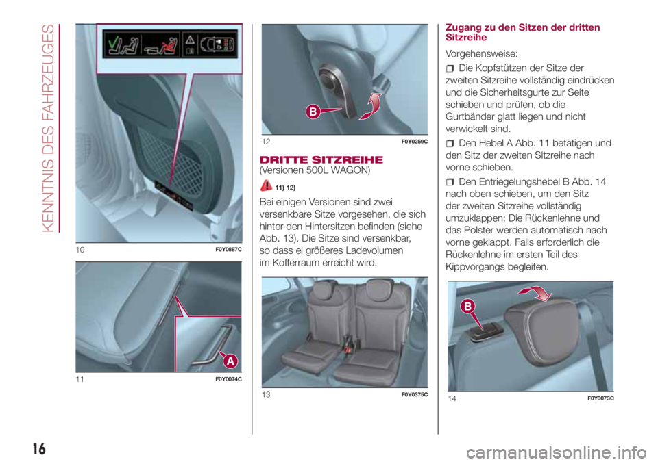 FIAT 500L LIVING 2018  Betriebsanleitung (in German) DRITTE SITZREIHE
(Versionen 500L WAGON)
11) 12)
Bei einigen Versionen sind zwei
versenkbare Sitze vorgesehen, die sich
hinter den Hintersitzen befinden (siehe
Abb. 13). Die Sitze sind versenkbar,
so d