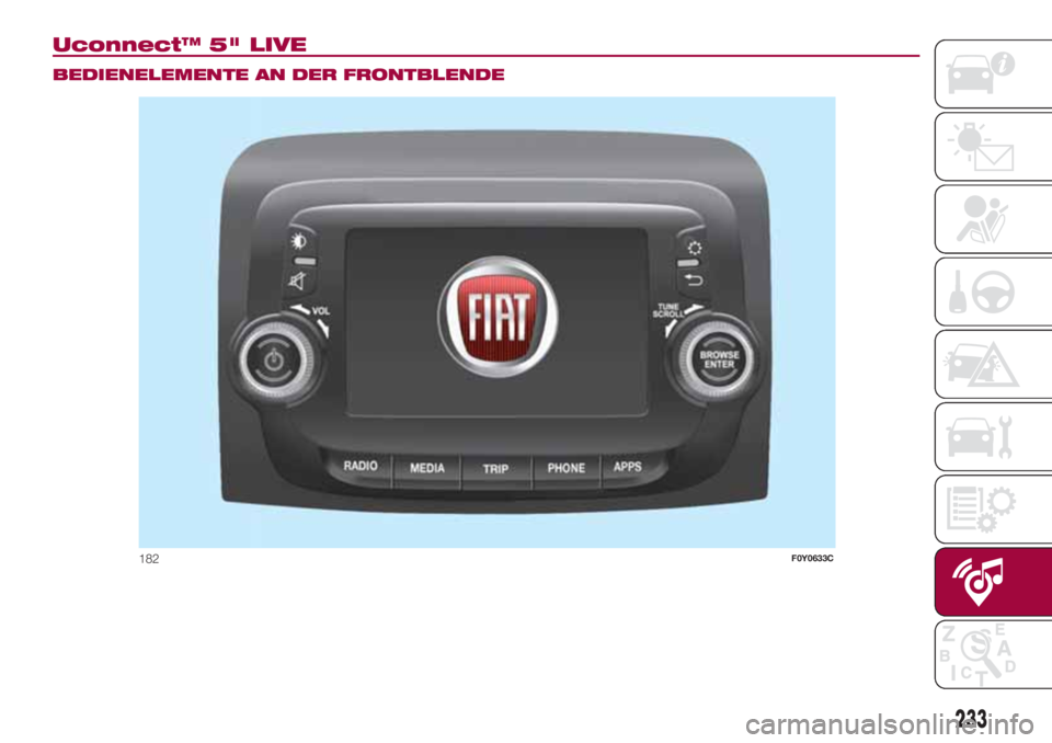 FIAT 500L LIVING 2018  Betriebsanleitung (in German) Uconnect™ 5" LIVE.
BEDIENELEMENTE AN DER FRONTBLENDE
182F0Y0633C
233 