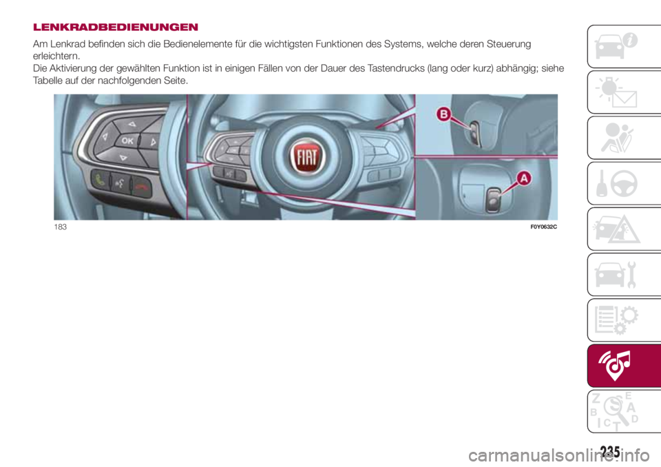 FIAT 500L LIVING 2018  Betriebsanleitung (in German) LENKRADBEDIENUNGEN
Am Lenkrad befinden sich die Bedienelemente für die wichtigsten Funktionen des Systems, welche deren Steuerung
erleichtern.
Die Aktivierung der gewählten Funktion ist in einigen F