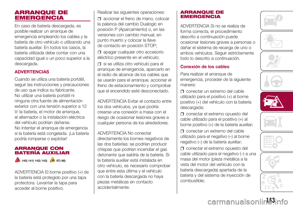 FIAT 500L LIVING 2018 Manual de Empleo y Cuidado (in Spanish) ARRANQUE DE
EMERGENCIA
En caso de batería descargada, es
posible realizar un arranque de
emergencia empleando los cables y la
batería de otro vehículo o utilizando una
batería auxiliar. En todos l FIAT 500L LIVING 2018 Manual de Empleo y Cuidado (in Spanish) ARRANQUE DE
EMERGENCIA
En caso de batería descargada, es
posible realizar un arranque de
emergencia empleando los cables y la
batería de otro vehículo o utilizando una
batería auxiliar. En todos l