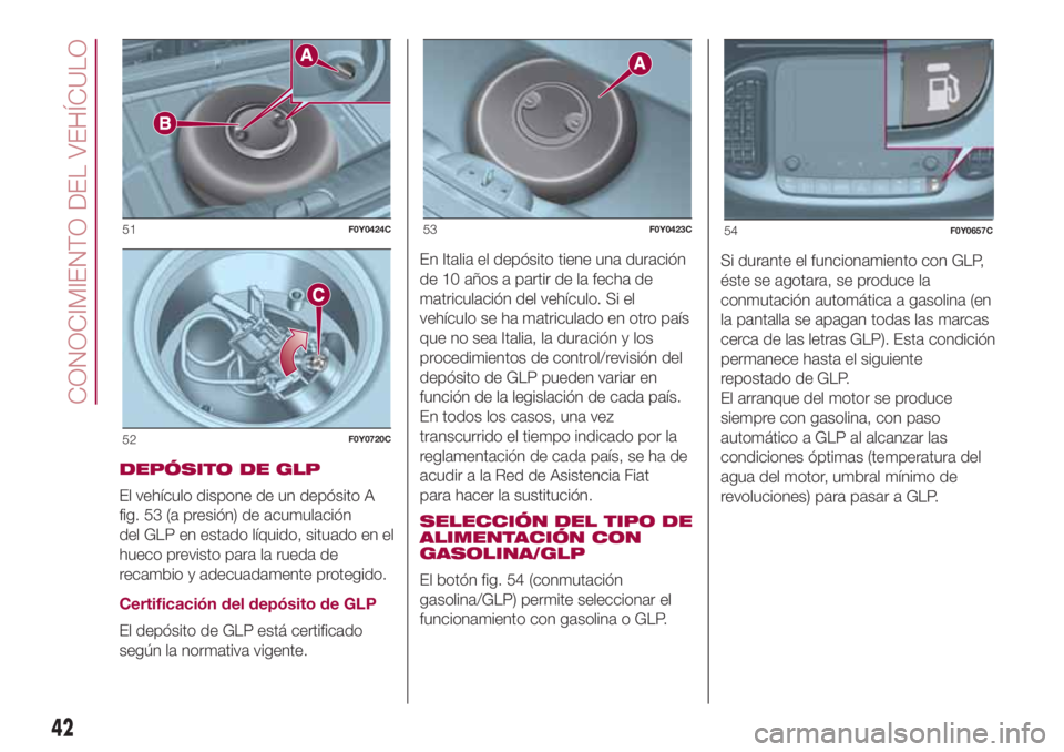 FIAT 500L LIVING 2018 Manual de Empleo y Cuidado (in Spanish) DEPÓSITO DE GLP
El vehículo dispone de un depósito A
fig. 53 (a presión) de acumulación
del GLP en estado líquido, situado en el
hueco previsto para la rueda de
recambio y adecuadamente protegid FIAT 500L LIVING 2018 Manual de Empleo y Cuidado (in Spanish) DEPÓSITO DE GLP
El vehículo dispone de un depósito A
fig. 53 (a presión) de acumulación
del GLP en estado líquido, situado en el
hueco previsto para la rueda de
recambio y adecuadamente protegid