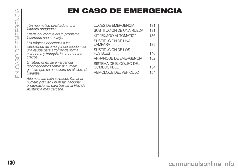 FIAT 500L LIVING 2019  Manual de Empleo y Cuidado (in Spanish) EN CASO DE EMERGENCIA
¿Un neumático pinchado o una
lámpara apagada?
Puede ocurrir que algún problema
incomode nuestro viaje.
Las páginas dedicadas a las
situaciones de emergencia pueden ser
una a