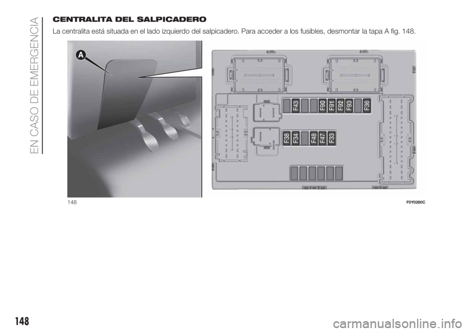 FIAT 500L LIVING 2019  Manual de Empleo y Cuidado (in Spanish) CENTRALITA DEL SALPICADERO
La centralita está situada en el lado izquierdo del salpicadero. Para acceder a los fusibles, desmontar la tapa A fig. 148.
148F0Y0280C
148
EN CASO DE EMERGENCIA 