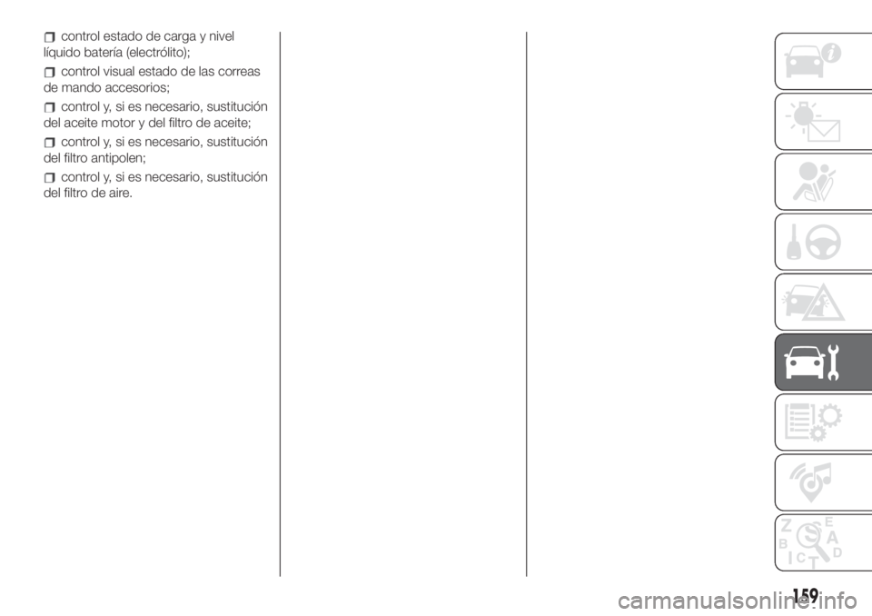 FIAT 500L LIVING 2019  Manual de Empleo y Cuidado (in Spanish) control estado de carga y nivel
líquido batería (electrólito);
control visual estado de las correas
de mando accesorios;
control y, si es necesario, sustitución
del aceite motor y del filtro de ac