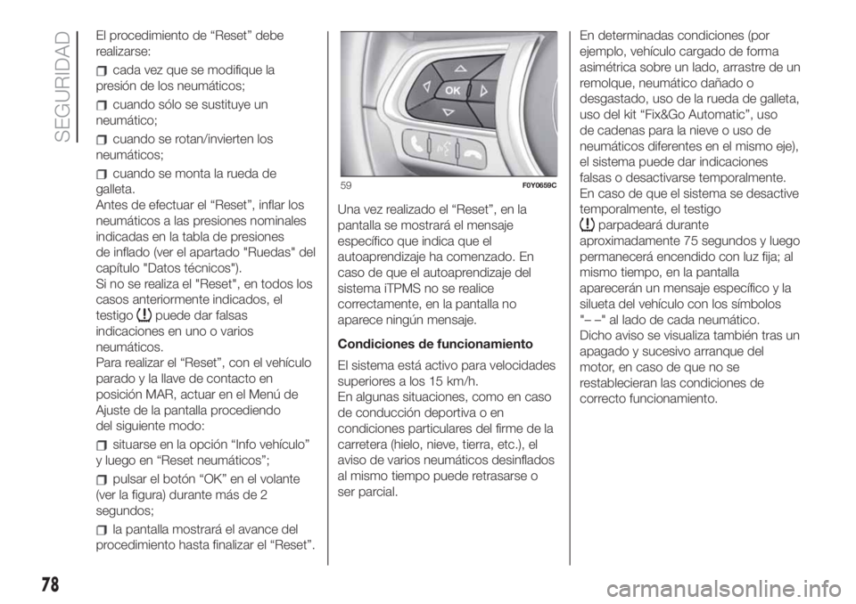 FIAT 500L LIVING 2019 Manual de Empleo y Cuidado (in Spanish) El procedimiento de “Reset” debe
realizarse:
cada vez que se modifique la
presión de los neumáticos;
cuando sólo se sustituye un
neumático;
cuando se rotan/invierten los
neumáticos;
cuando se FIAT 500L LIVING 2019 Manual de Empleo y Cuidado (in Spanish) El procedimiento de “Reset” debe
realizarse:
cada vez que se modifique la
presión de los neumáticos;
cuando sólo se sustituye un
neumático;
cuando se rotan/invierten los
neumáticos;
cuando se