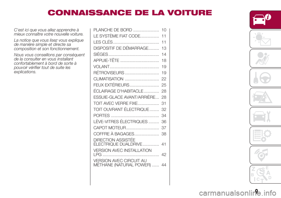 FIAT 500L LIVING 2018 Notice dentretien (in French) CONNAISSANCE DE LA VOITURE
C'est ici que vous allez apprendre à
mieux connaître votre nouvelle voiture.
La notice que vous lisez vous explique
de manière simple et directe sa
composition et son FIAT 500L LIVING 2018 Notice dentretien (in French) CONNAISSANCE DE LA VOITURE
C'est ici que vous allez apprendre à
mieux connaître votre nouvelle voiture.
La notice que vous lisez vous explique
de manière simple et directe sa
composition et son