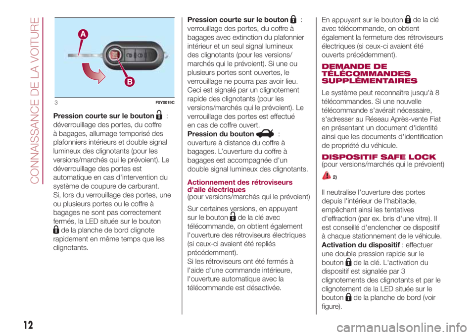 FIAT 500L LIVING 2018 Notice dentretien (in French) Pression courte sur le bouton:
déverrouillage des portes, du coffre
à bagages, allumage temporisé des
plafonniers intérieurs et double signal
lumineux des clignotants (pour les
versions/marchés q FIAT 500L LIVING 2018 Notice dentretien (in French) Pression courte sur le bouton:
déverrouillage des portes, du coffre
à bagages, allumage temporisé des
plafonniers intérieurs et double signal
lumineux des clignotants (pour les
versions/marchés q