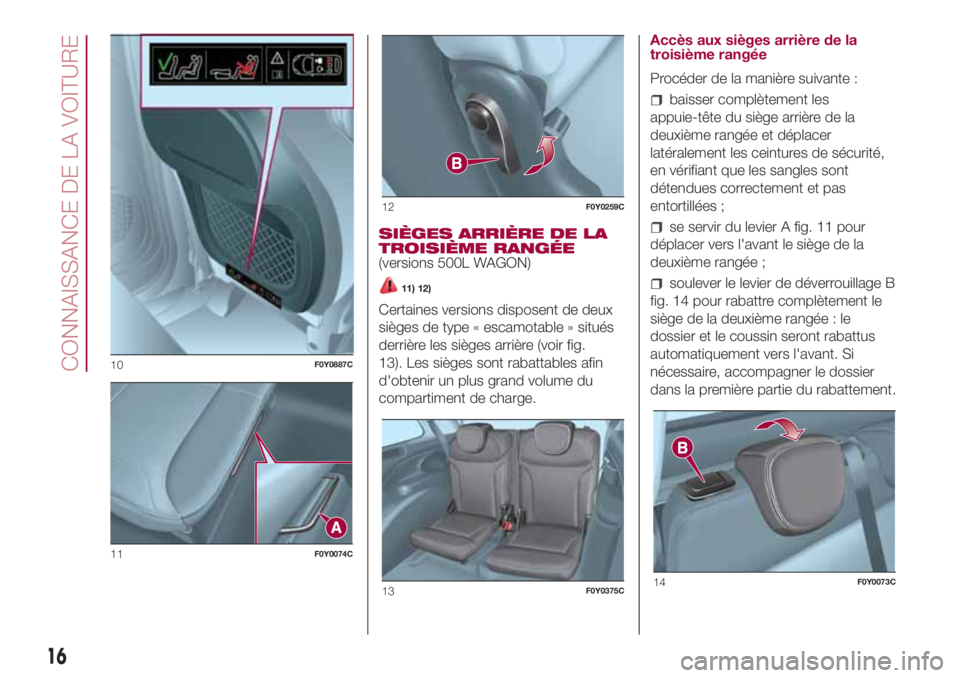 FIAT 500L LIVING 2018 Notice dentretien (in French) SIÈGES ARRIÈRE DE LA
TROISIÈME RANGÉE
(versions 500L WAGON)
11) 12)
Certaines versions disposent de deux
sièges de type « escamotable » situés
derrière les sièges arrière (voir fig.
13). Le FIAT 500L LIVING 2018 Notice dentretien (in French) SIÈGES ARRIÈRE DE LA
TROISIÈME RANGÉE
(versions 500L WAGON)
11) 12)
Certaines versions disposent de deux
sièges de type « escamotable » situés
derrière les sièges arrière (voir fig.
13). Le
