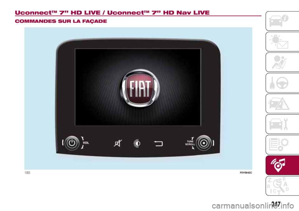 FIAT 500L LIVING 2018  Notice dentretien (in French) Uconnect™ 7” HD LIVE / Uconnect™ 7” HD Nav LIVE.
COMMANDES SUR LA FAÇADE
185F0Y0642C
247 
