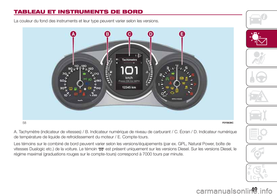 FIAT 500L LIVING 2018  Notice dentretien (in French) TABLEAU ET INSTRUMENTS DE BORD
La couleur du fond des instruments et leur type peuvent varier selon les versions.
A. Tachymètre (indicateur de vitesses) / B. Indicateur numérique de niveau de carbur