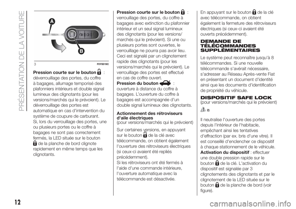 FIAT 500L LIVING 2019 Notice dentretien (in French) Pression courte sur le bouton:
déverrouillage des portes, du coffre
à bagages, allumage temporisé des
plafonniers intérieurs et double signal
lumineux des clignotants (pour les
versions/marchés q FIAT 500L LIVING 2019 Notice dentretien (in French) Pression courte sur le bouton:
déverrouillage des portes, du coffre
à bagages, allumage temporisé des
plafonniers intérieurs et double signal
lumineux des clignotants (pour les
versions/marchés q