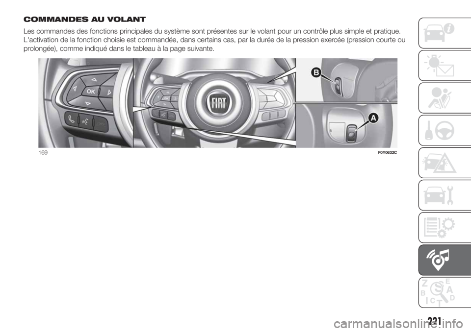 FIAT 500L LIVING 2019  Notice dentretien (in French) COMMANDES AU VOLANT
Les commandes des fonctions principales du système sont présentes sur le volant pour un contrôle plus simple et pratique.
L'activation de la fonction choisie est commandée,