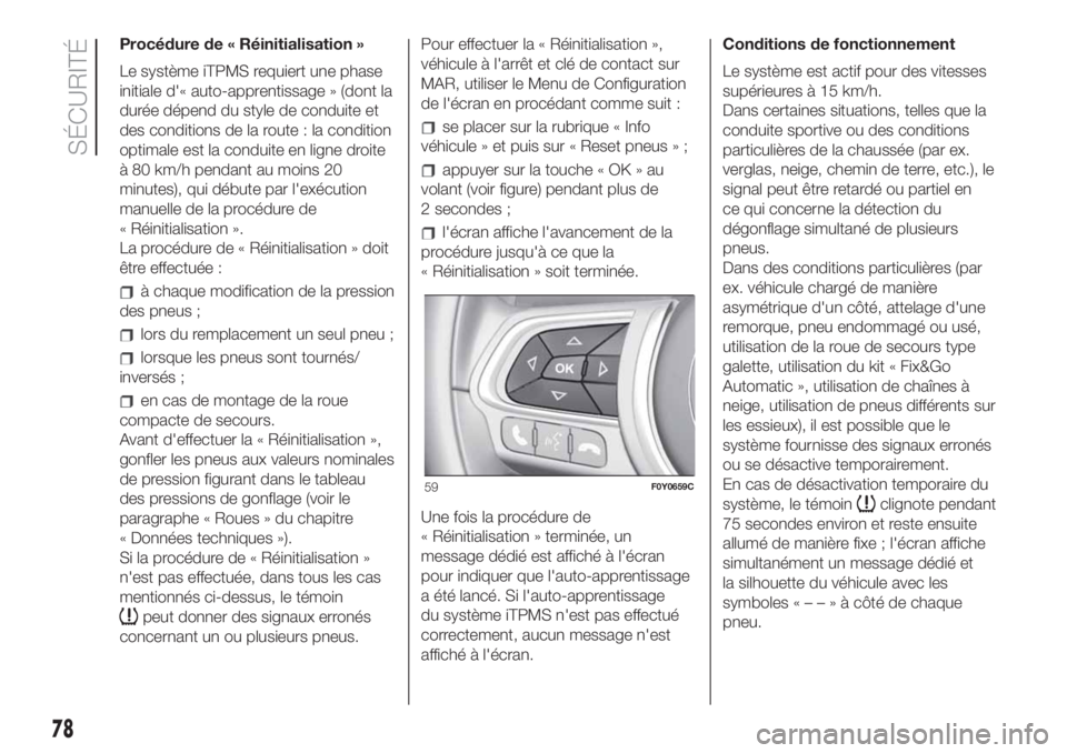 FIAT 500L LIVING 2019  Notice dentretien (in French) Procédure de « Réinitialisation »
Le système iTPMS requiert une phase
initiale d'« auto-apprentissage » (dont la
durée dépend du style de conduite et
des conditions de la route : la condi