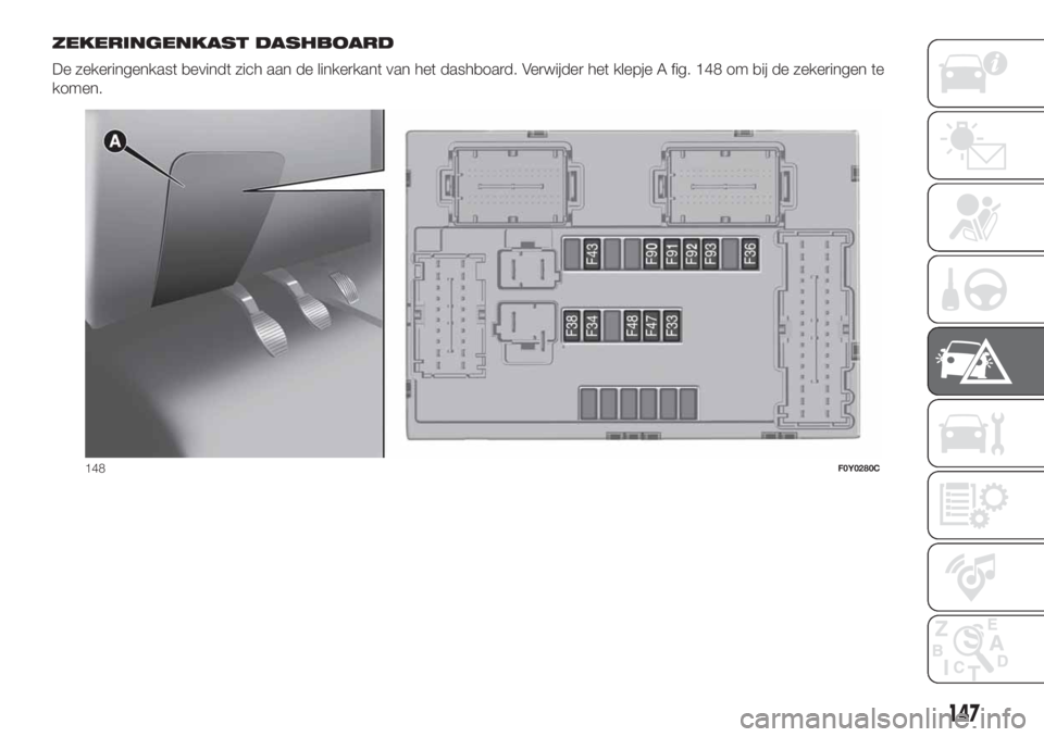 FIAT 500L LIVING 2019  Instructieboek (in Dutch) ZEKERINGENKAST DASHBOARD
De zekeringenkast bevindt zich aan de linkerkant van het dashboard. Verwijder het klepje A fig. 148 om bij de zekeringen te
komen.
148F0Y0280C
147 