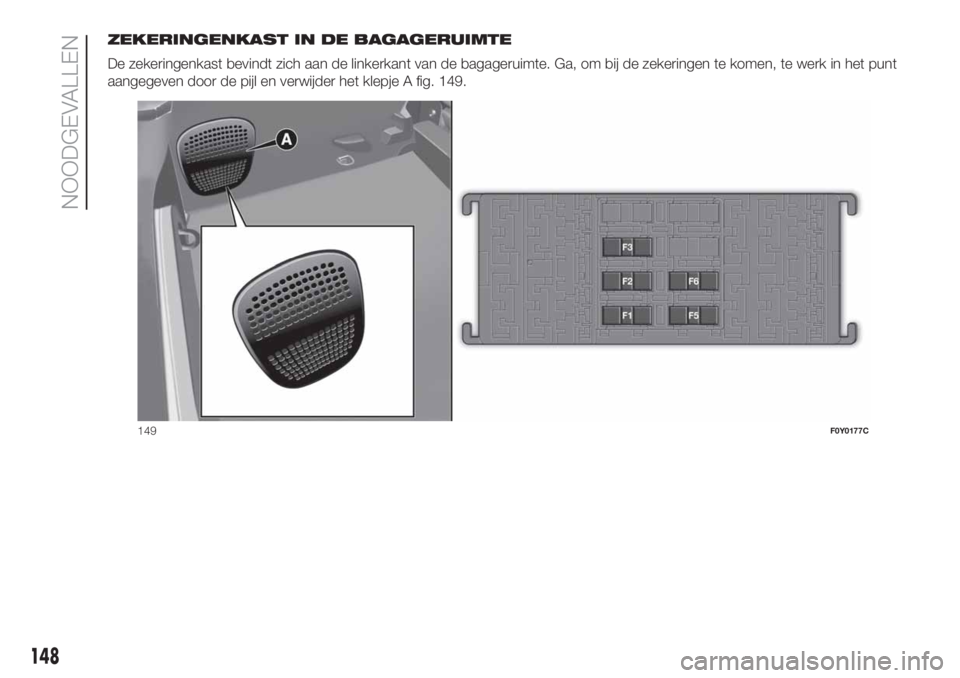 FIAT 500L LIVING 2019  Instructieboek (in Dutch) ZEKERINGENKAST IN DE BAGAGERUIMTE
De zekeringenkast bevindt zich aan de linkerkant van de bagageruimte. Ga, om bij de zekeringen te komen, te werk in het punt
aangegeven door de pijl en verwijder het 