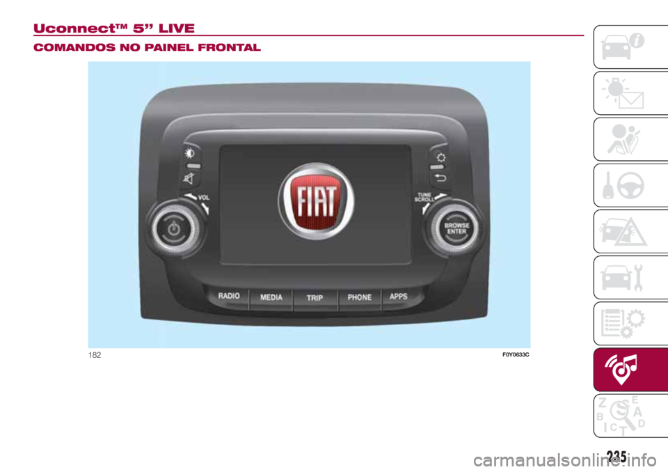 FIAT 500L LIVING 2018  Manual de Uso e Manutenção (in Portuguese) Uconnect™ 5” LIVE.
COMANDOS NO PAINEL FRONTAL
182F0Y0633C
235 