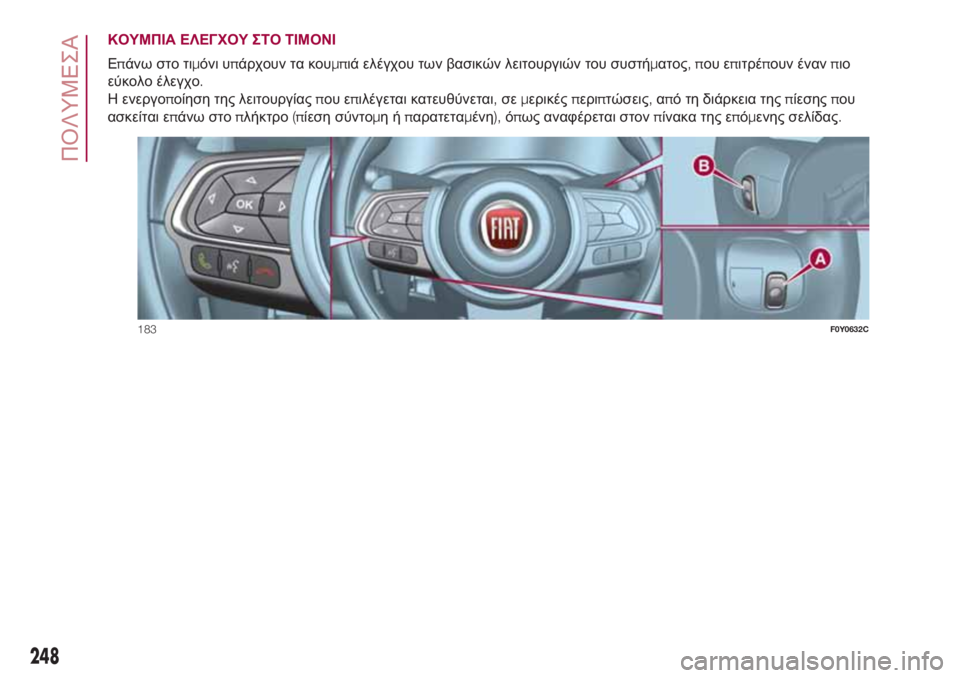FIAT 500L LIVING 2018  ΒΙΒΛΙΟ ΧΡΗΣΗΣ ΚΑΙ ΣΥΝΤΗΡΗΣΗΣ (in Greek) ΚΟΥΜΠΙΑ ΕΛΕΓΧΟΥ ΣΤΟ ΤΙΜΟΝΙ
Επάνω στο τιμόνι υπάρχουν τα κουμπιά ελέγχου των βασικών λειτουργιών του συστήμα