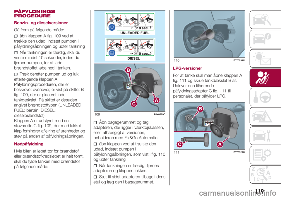 FIAT 500L LIVING 2018  Brugs- og vedligeholdelsesvejledning (in Danish) PÅFYLDNINGS
PROCEDURE
Benzin- og dieselversioner
Gå frem på følgende måde:
åbn klappen A fig. 109 ved at
trække den udad, indsæt pumpen i
påfyldningsåbningen og udfør tankning
Når tankning