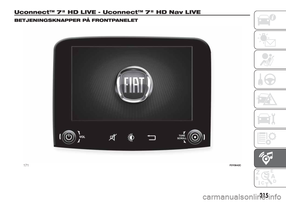 FIAT 500L LIVING 2019  Brugs- og vedligeholdelsesvejledning (in Danish) Uconnect™ 7" HD LIVE - Uconnect™ 7" HD Nav LIVE.
BETJENINGSKNAPPER PÅ FRONTPANELET
171F0Y0642C
215 
