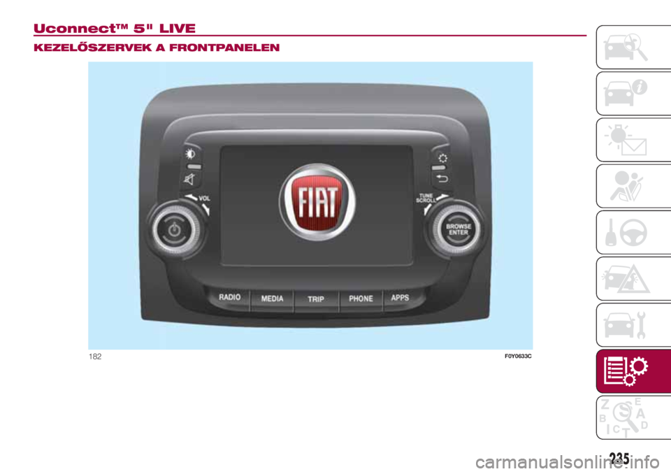 FIAT 500L LIVING 2018  Kezelési és karbantartási útmutató (in Hungarian) Uconnect™ 5" LIVE.
KEZELŐSZERVEK A FRONTPANELEN
182F0Y0633C
235 