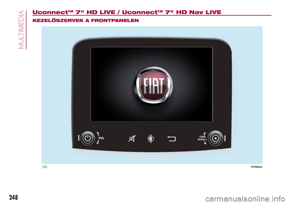 FIAT 500L LIVING 2018  Kezelési és karbantartási útmutató (in Hungarian) Uconnect™ 7" HD LIVE / Uconnect™ 7" HD Nav LIVE.
KEZELŐSZERVEK A FRONTPANELEN
185F0Y0642C
248
MULTIMÉDIA 