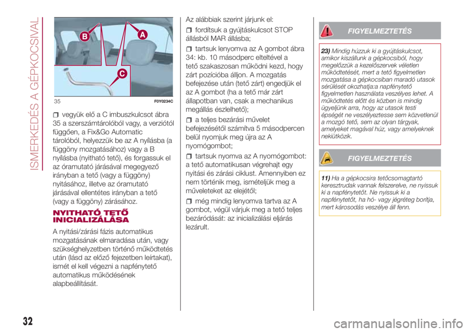 FIAT 500L LIVING 2018  Kezelési és karbantartási útmutató (in Hungarian) vegyük elő a C imbuszkulcsot ábra
35 a szerszámtárolóból vagy, a verziótól
függően, a Fix&Go Automatic
tárolóból, helyezzük be az A nyílásba (a
függöny mozgatásához) vagy a B
nyí