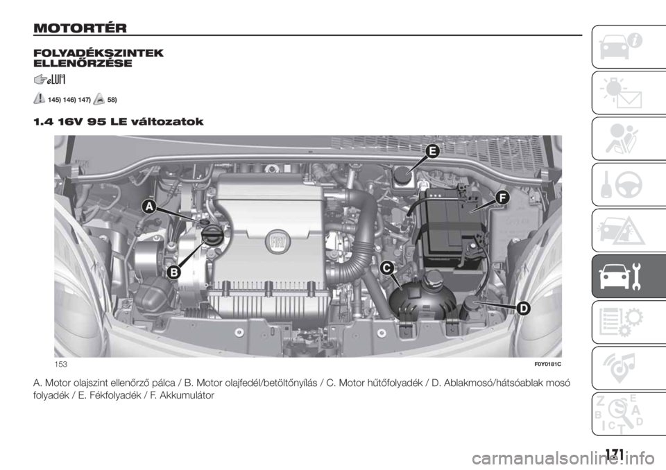 FIAT 500L LIVING 2019  Kezelési és karbantartási útmutató (in Hungarian) MOTORTÉR
FOLYADÉKSZINTEK
ELLENŐRZÉSE
145) 146) 147)58)
.1.4 16V 95 LE változatok
A. Motor olajszint ellenőrző pálca / B. Motor olajfedél/betöltőnyílás / C. Motor hűtőfolyadék / D. Abla