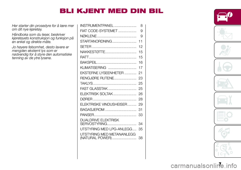 FIAT 500L LIVING 2018 Drift- og vedlikeholdshåndbok (in Norwegian) BLI KJENT MED DIN BIL
Her starter din prosedyre for å lære mer
om dit nye kjøretøy.
Håndboka som du leser, beskriver
kjøretøyets konstruksjon og funksjon på
en enkel og direkte måte.
Jo høye FIAT 500L LIVING 2018 Drift- og vedlikeholdshåndbok (in Norwegian) BLI KJENT MED DIN BIL
Her starter din prosedyre for å lære mer
om dit nye kjøretøy.
Håndboka som du leser, beskriver
kjøretøyets konstruksjon og funksjon på
en enkel og direkte måte.
Jo høye