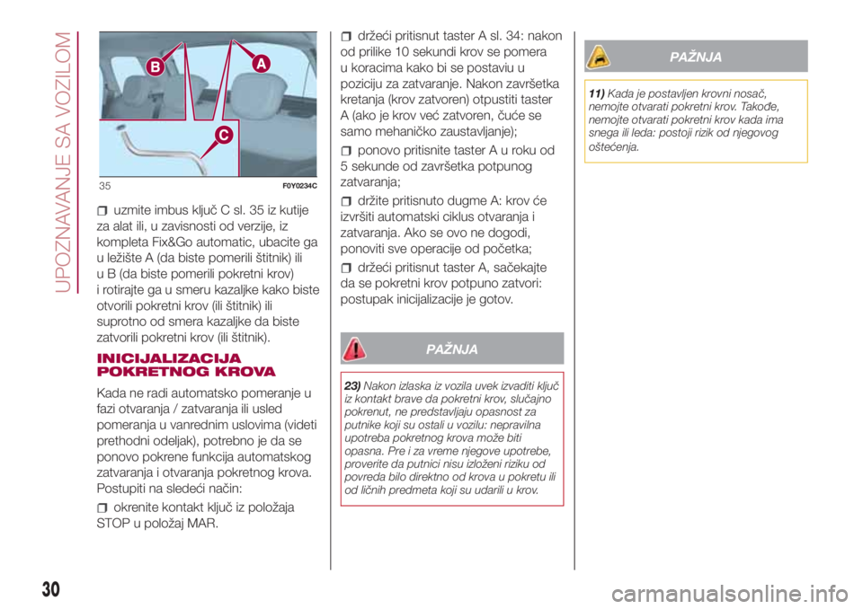 FIAT 500L LIVING 2018  Knjižica za upotrebu i održavanje (in Serbian) uzmite imbus ključ C sl. 35 iz kutije
za alat ili, u zavisnosti od verzije, iz
kompleta Fix&Go automatic, ubacite ga
u ležište A (da biste pomerili štitnik) ili
u B (da biste pomerili pokretni kro