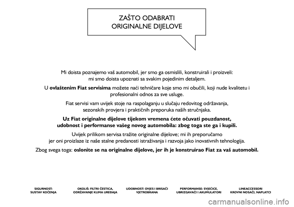 FIAT 500L LIVING 2020 Knjižica s uputama za uporabu i održavanje (in Croatian) ZAŠTO ODABRATI
ORIGINALNE DIJELOVE
Mi doista poznajemo vaš automobil, jer smo ga osmislili, konstruirali i proizveli:
mi smo doista upoznati sa svakim pojedinim detaljem.
U ovlaštenim Fiat se FIAT 500L LIVING 2020 Knjižica s uputama za uporabu i održavanje (in Croatian) ZAŠTO ODABRATI
ORIGINALNE DIJELOVE
Mi doista poznajemo vaš automobil, jer smo ga osmislili, konstruirali i proizveli:
mi smo doista upoznati sa svakim pojedinim detaljem.
U ovlaštenim Fiat se
