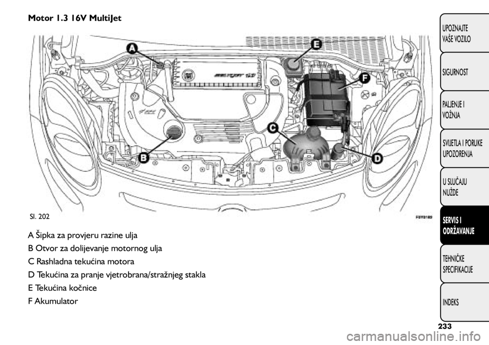 FIAT 500L LIVING 2020  Knjižica s uputama za uporabu i održavanje (in Croatian) Sl. 202
A Šipka za provjeru razine ulja 
B Otvor za dolijevanje motornog ulja
C Rashladna tekućina motora
D Tekućina za pranje vjetrobrana/stražnjeg stakla
E Tekućina kočnice
F Akumulator Motor 