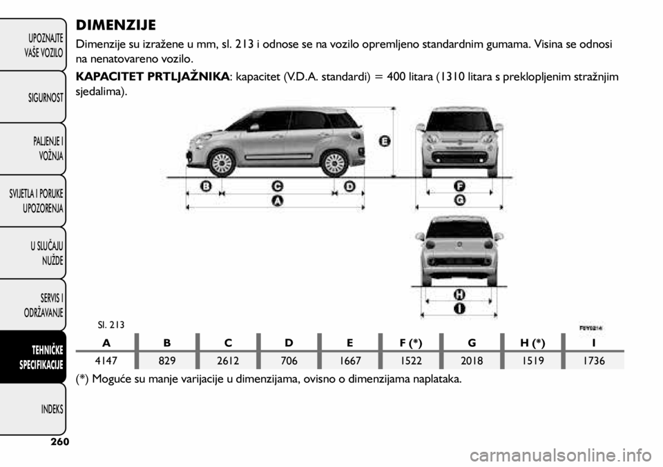 FIAT 500L LIVING 2018  Knjižica s uputama za uporabu i održavanje (in Croatian) DIMENZIJE
Dimenzije su izražene u mm, sl. 213 i odnose se na vozilo opremljeno standardnim gumama. Visina se odnosi 
na nenatovareno vozilo.
KAPACITET PRTLJAŽNIKA: kapacitet (V.D.A. standardi) = 400