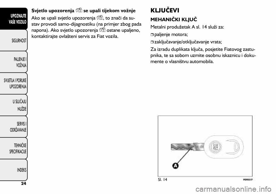 FIAT 500L LIVING 2018  Knjižica s uputama za uporabu i održavanje (in Croatian) Svjetlo upozorenja  se upali tijekom vožnje
Ako se upali svjetlo upozorenja  
, to znači da su-
stav provodi samo-dijagnostiku (na primjer zbog pada 
napona). Ako svjetlo upozorenja 
 ostane upaljen