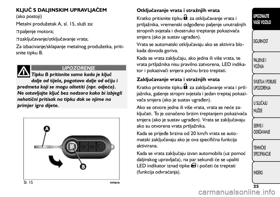 FIAT 500L LIVING 2020 Knjižica s uputama za uporabu i održavanje (in Croatian) Sl. 15
KLJUČ S DALJINSKIM UPRAVLJAČEM
(ako postoji)
Metalni produžetak A, sl. 15, služi za:
paljenje motora;
zaključavanje/otključavanje vrata;
Za izbacivanje/sklapanje metalnog FIAT 500L LIVING 2020 Knjižica s uputama za uporabu i održavanje (in Croatian) Sl. 15
KLJUČ S DALJINSKIM UPRAVLJAČEM
(ako postoji)
Metalni produžetak A, sl. 15, služi za:
paljenje motora;
zaključavanje/otključavanje vrata;
Za izbacivanje/sklapanje metalnog