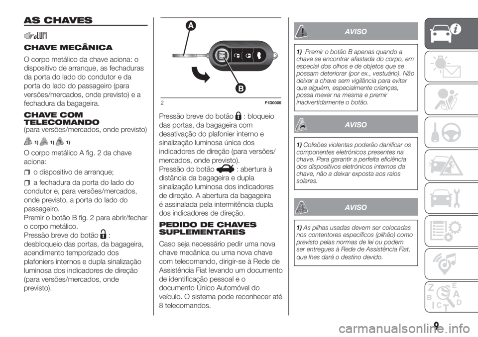 FIAT PANDA 2018  Manual de Uso e Manutenção (in Portuguese) AS CHAVES
CHAVE MECÂNICA
O corpo metálico da chave aciona: o
dispositivo de arranque, as fechaduras
da porta do lado do condutor e da
porta do lado do passageiro (para
versões/mercados, onde previs