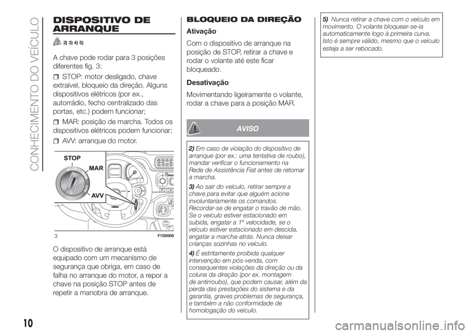 FIAT PANDA 2018  Manual de Uso e Manutenção (in Portuguese) DISPOSITIVO DE
ARRANQUE
2) 3) 4) 5)
A chave pode rodar para 3 posições
diferentes fig. 3:
STOP: motor desligado, chave
extraível, bloqueio da direção. Alguns
dispositivos elétricos (por ex.,
aut