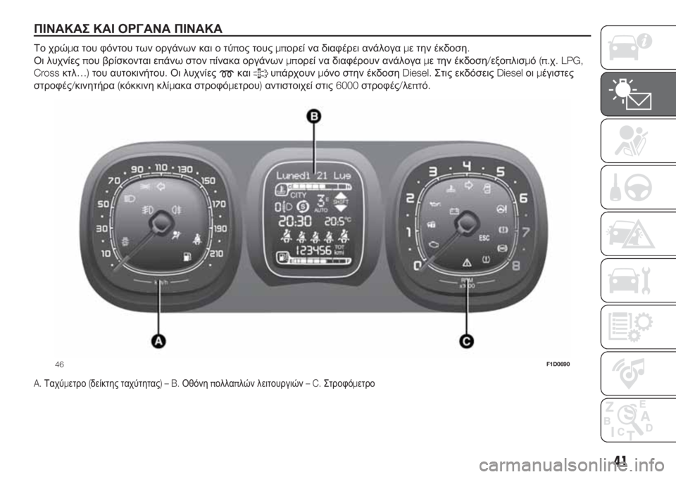 FIAT PANDA 2018  ΒΙΒΛΙΟ ΧΡΗΣΗΣ ΚΑΙ ΣΥΝΤΗΡΗΣΗΣ (in Greek) ΠΙΝΑΚΑΣ ΚΑΙ ΟΡΓΑΝΑ ΠΙΝΑΚΑ.
Το χρώμα του φόντου των οργάνων και ο τύπος τουςμπορεί να διαφέρει ανάλογαμε την έ