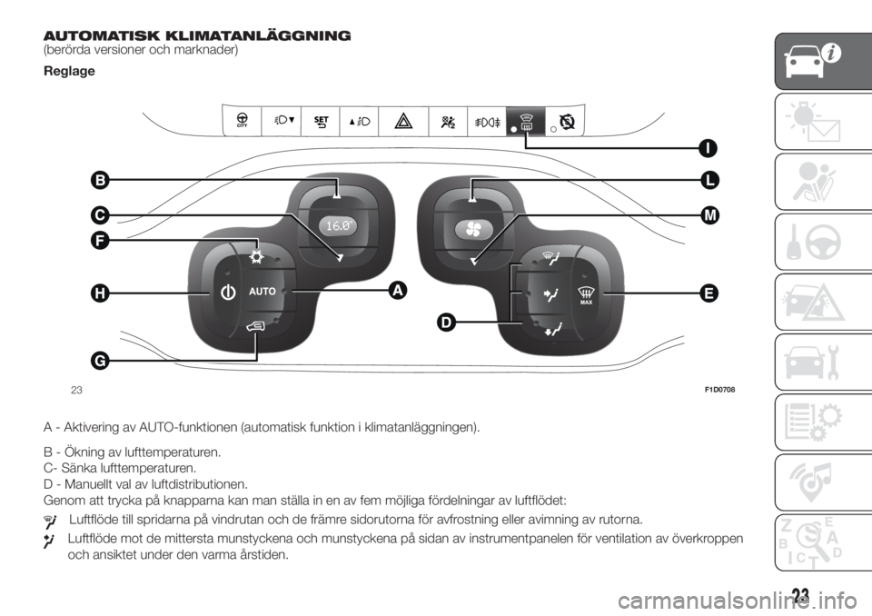 FIAT PANDA 2018  Drift- och underhållshandbok (in Swedish) AUTOMATISK KLIMATANLÄGGNING
(berörda versioner och marknader)
Reglage
.
A - Aktivering av AUTO-funktionen (automatisk funktion i klimatanläggningen).
B - Ökning av lufttemperaturen.
C- Sänka luft